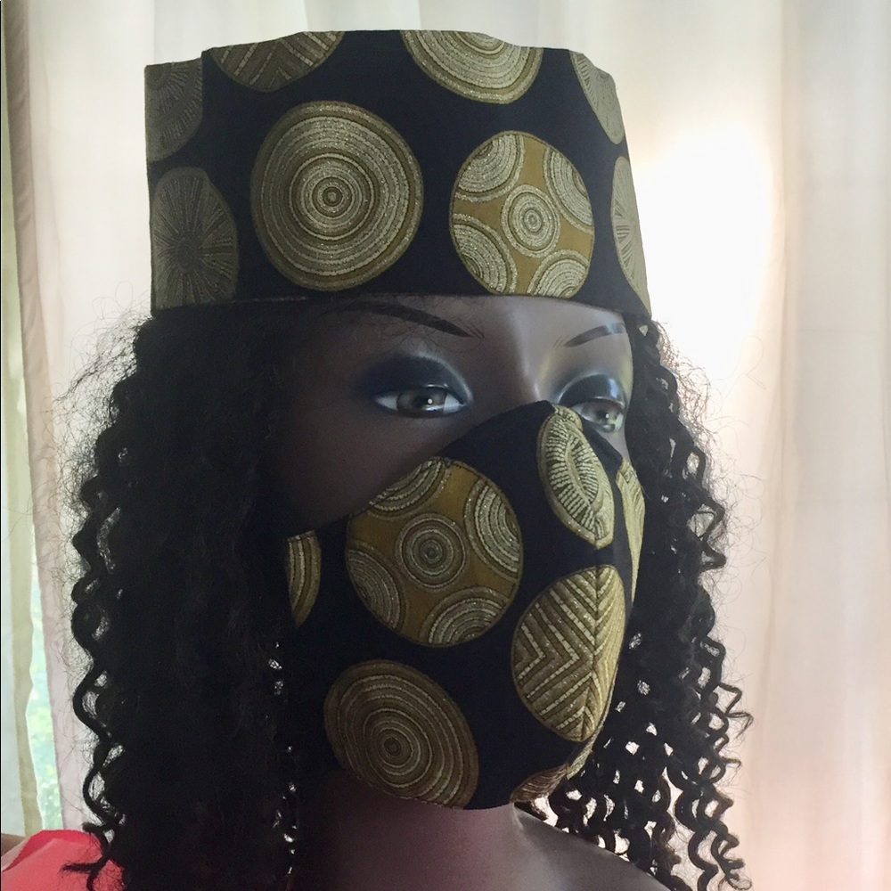 Black and gold medallion hat and mask set.